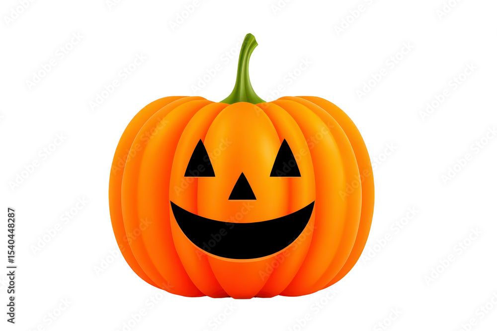 Bright orange pumpkin with carved smiling face, featuring triangular eyes and wide grin, perfect for Halloween decoration. green stem adds touch of realism Bright orange pumpkin with carved smiling face, featuring triangular eyes and wide grin, perfect for Halloween decoration. green stem adds touch of realism