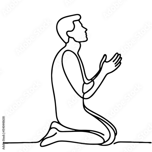 Supplication — man in theatrical emotional begging pose: minimalist single black line drawing. One line art.