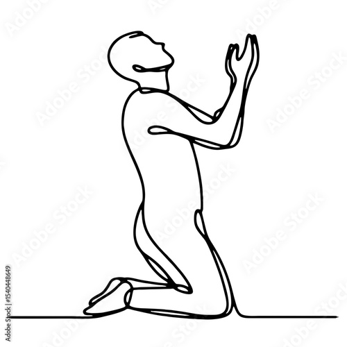 Supplication — man in theatrical emotional begging pose: minimalist single black line drawing. One line art.