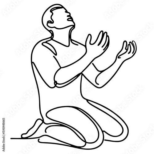 Supplication — man in theatrical emotional begging pose: minimalist single black line drawing. One line art.