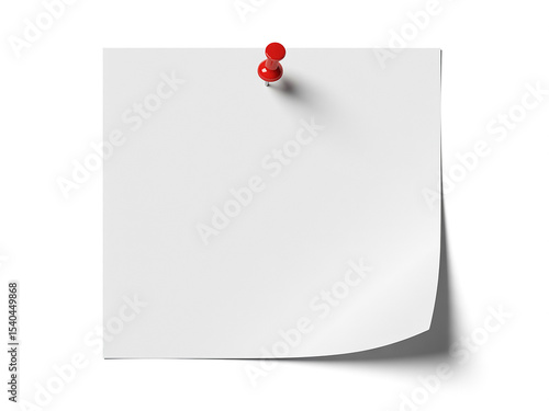 Blank White Square Note Paper with Red Push Pin Isolated on White Background