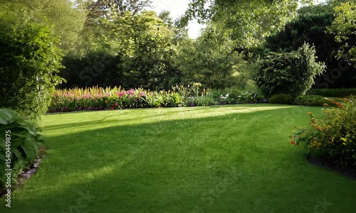 Lush Green Garden Lawn with Colorful Flowerbeds and Soft Sunlight in Tranquil Outdoor Scenery