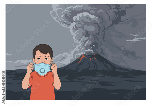 A young boy wears a mask, protecting himself from volcanic ash, with a volcano in the background. Safety illustration. Clear composition, impactful visual.