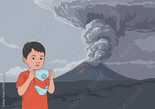 A young boy wears a mask, shielding himself from a volcanic eruption. Dramatic landscape with a looming volcano and ash cloud. Evokes concern and resilience.