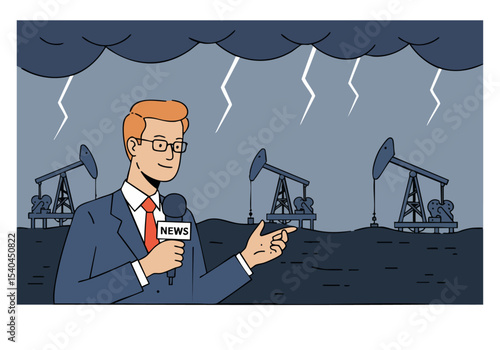 A male journalist reports on oil volatility amidst a stormy oil field landscape. Dramatic lighting and a news microphone create a sense of urgency and market instability.