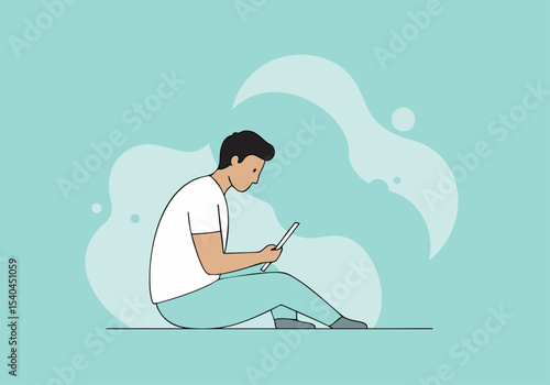A young man sits and uses a tablet, conveying resilience and learning. Soft, modern lines and a calming teal background create a peaceful, approachable image.