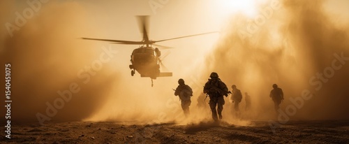The helicopter transports soldiers through a dusty battlefield at sunrise.