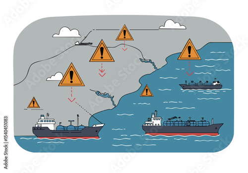 Maritime risk illustration depicts ships navigating hazardous strait with warning signs Strategic composition highlights potential dangers and shipping routes 