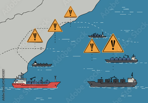 A maritime risk map highlights dangerous straits with warning symbols and shipping vessels. Illustrative style, clear visual communication.
