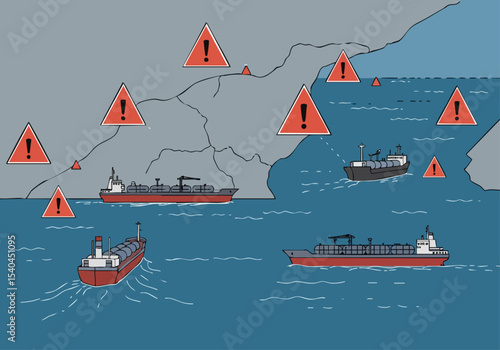 maritime scene depicts a treacherous strait with multiple risk warnings surrounding ships A premium visual highlighting navigational hazards and potential danger Dramatic and impactful