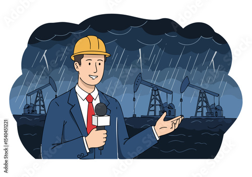 A professional speaks into a microphone amidst a stormy oil field landscape. Dramatic lighting and rain highlight the volatility of oil prices. A clear, impactful visual.