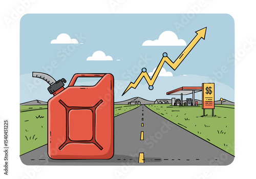 red gas can sits on a road alongside a gas station with a rising graph symbolizing increasing fuel prices A rural landscape forms the backdrop  Illustrative vibrant and commercially appealing