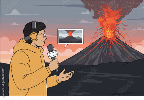 reporter broadcasts live from a volcanic eruption capturing the dramatic scene Dynamic composition vibrant colors and a clear focus on the event Perfect for news science or disaster themes