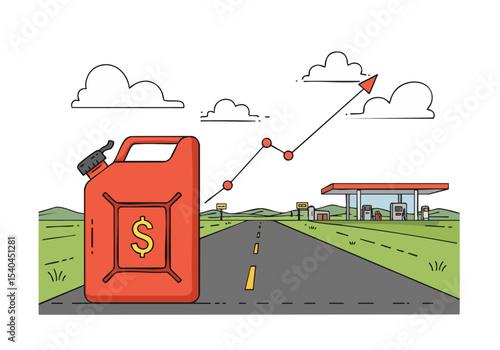 Rising fuel prices visualized with a gas can, road, and gas station. A trending graph indicates increasing costs. Modern, illustrative style.