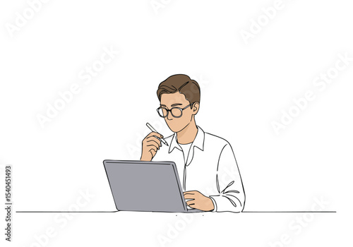 A stylish young professional works on a laptop, illuminated by a vibrant, circular glow. Modern design, focused on trends and fashion writing. Clean lines and a contemporary aesthetic.
