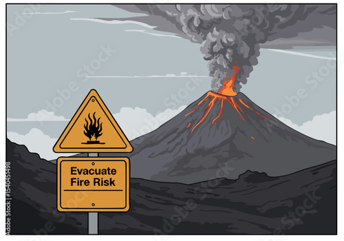 Volcanic eruption dominates the scene, with a 'Evacuate Fire Risk' sign warning of danger. Dramatic, fiery plume against a dark, rugged landscape. High contrast, impactful image.
