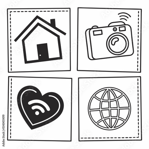 Home camera heart globe wifi icons digital technology