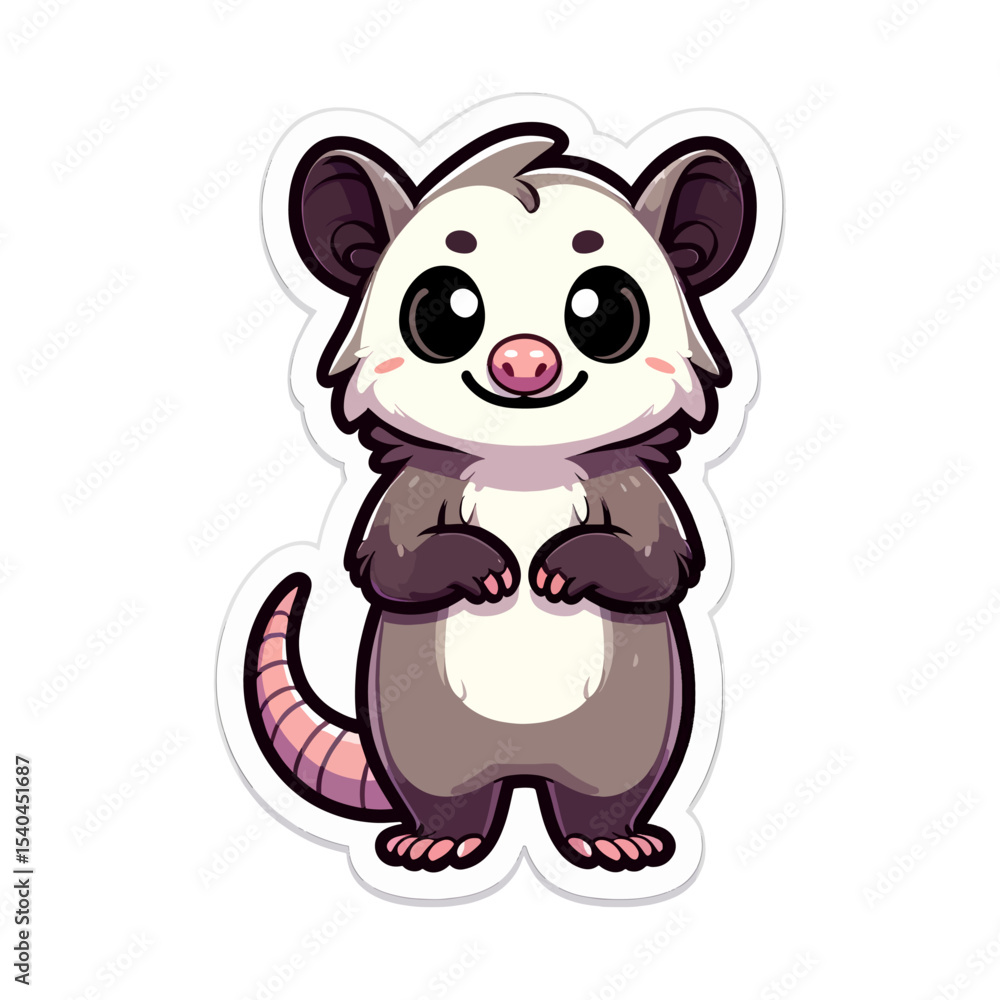 Naklejka premium Cute Opossum in Kawaii Style Sitting with Funny Expression