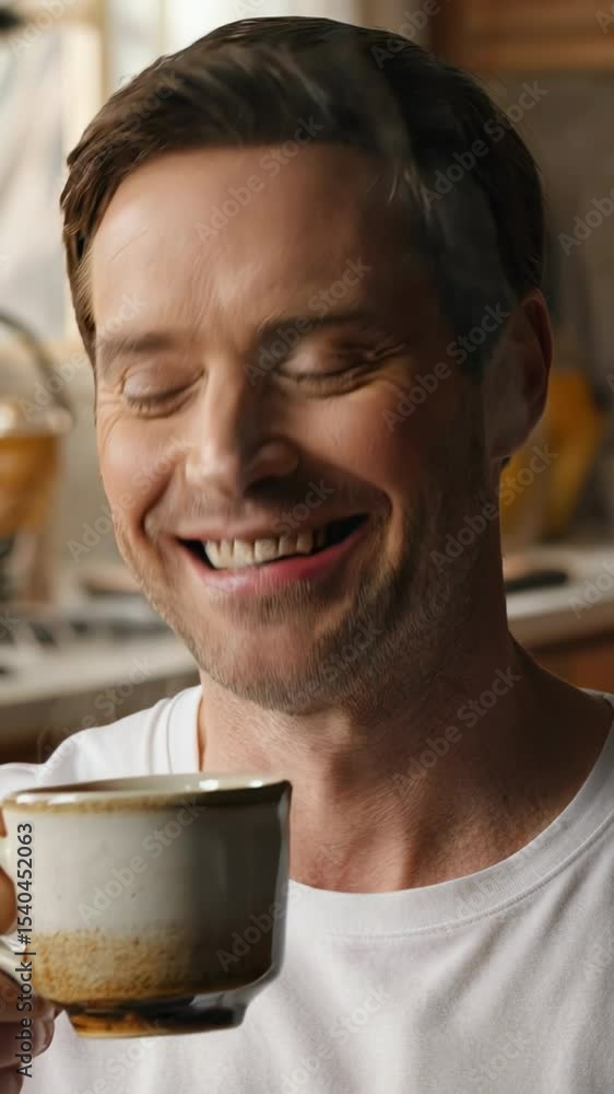 Man enjoying morning tea with calm happiness – AI generative model. Vertical video Man enjoying morning tea with calm happiness – AI generative model. Vertical video