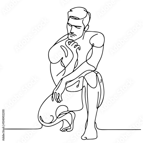 Suspicion: man in theatrical doubtful pose as minimalist single-line black drawing — emotional silhouette artwork. One line art.