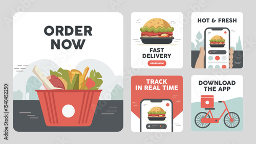 Flat vector food delivery social media square set modern minimal illustrations