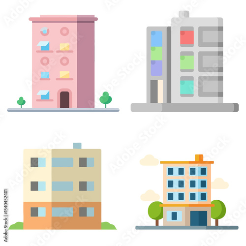 Different multi-storey apartment buildings showcase diverse architectural designs and colors. The structures feature distinct facades, windows, and greenery, presenting urban living options.