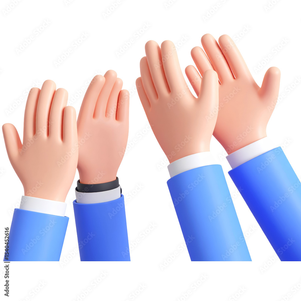 Obraz premium Three raised cartoon hands in blue sleeves, one with black wristband, gesture upward in friendly, collaborative manner, symbolizing teamwork and participation