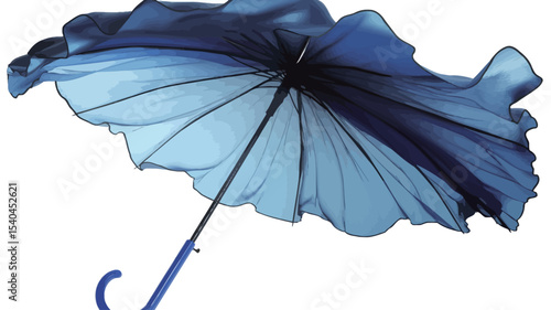 Close-up illustration of a blue umbrella, seemingly caught in a strong wind. The umbrella's fabric is depicted in shades of blue, ranging from a deep navy to a lighter sky blue.  The fabric is