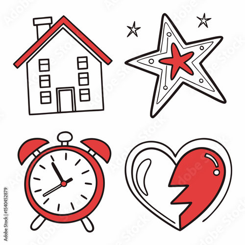 Simple hand drawn house star clock broken heart icons