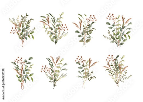 green brown leaves bouquet watercolor collection