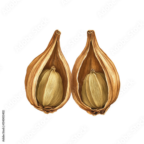 Two Open Cardamom Pods, Detailed Botanical Illustration