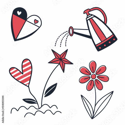 Watering can and hearts flowers growing garden illustration