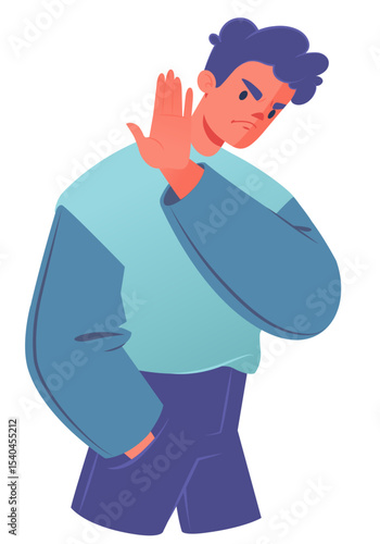 Irritated dissatisfied young man makes Stop gesture with his hand turning away from object of irritation. Concept of asserting personal boundaries, power to refuse. Topic of psychology