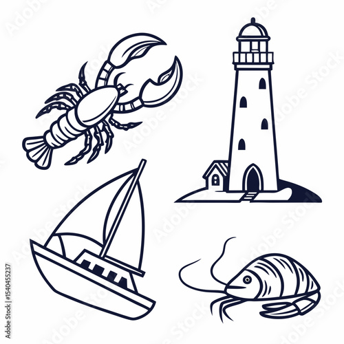Nautical icons set lobster lighthouse sailboat coastal design