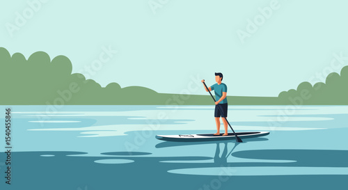 Man Paddleboarding Serene Lake Water Landscape Outdoor Activity Illustration