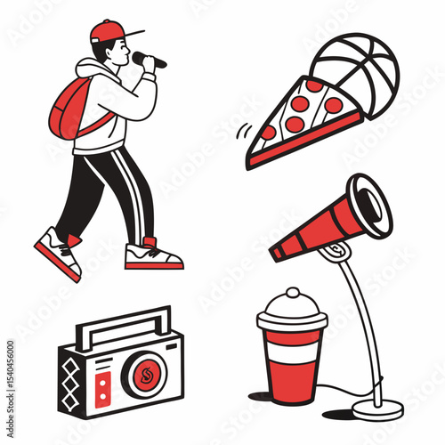 Urban street culture illustration pizza basketball music radio