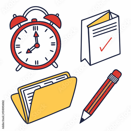 Red alarm clock pencil folder checklist time management concept