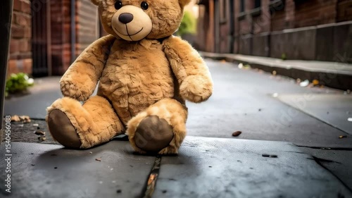 Lonely teddy bear sits abandoned in a desolate urban alleyway next to a black trash bin, forgotten childhood toy, emotional concept