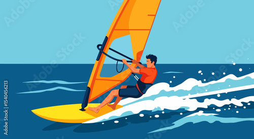 Windsurfer Riding Waves Sport Activity Outdoor Watersport Vector Graphic