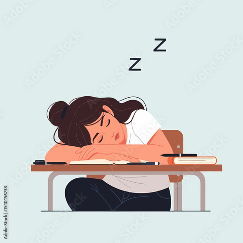Student Drowsy at Desk Flat Vector Illustration Concept