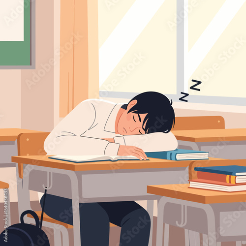 Tired Student Sleeping on School Desk in Classroom Illustration