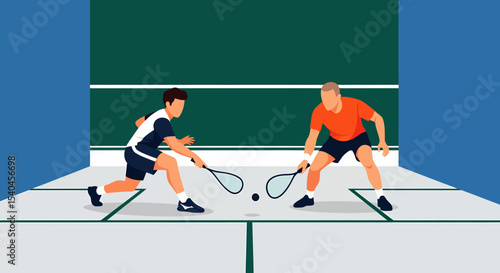 Dynamic Squash Game Two Players in Action Competitive Indoor Sport