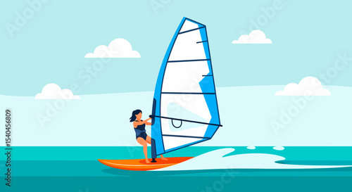 Woman Windsurfing on Water Sports Vacation at Summer Outdoor