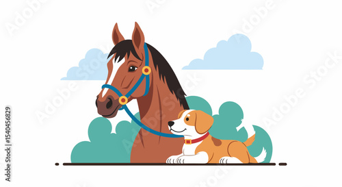 Friendly Horse and Dog Illustration Together Outdoor in Natural Environment
