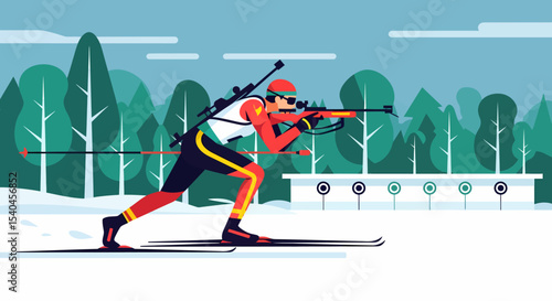 Biathlon Athlete Aiming Rifle During Competition in Winter Forest