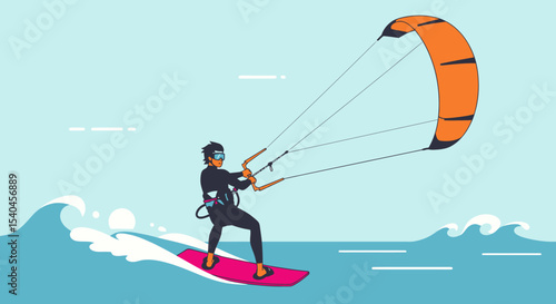 Kitesurfing Adventure on Ocean Waves: Vector Illustration for Water Sports