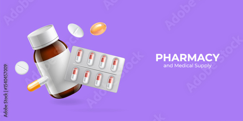 3d medicine. Pharmacy banner, medic pill blister, vitamins and remedy or realistic drugstore treatment pack. Round capsule, clinic kit. Drugs advertising. Vector render medicaments