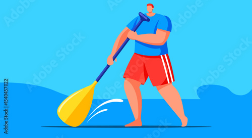 Man Paddleboarding on Water Active Sport Lifestyle Flat Illustration