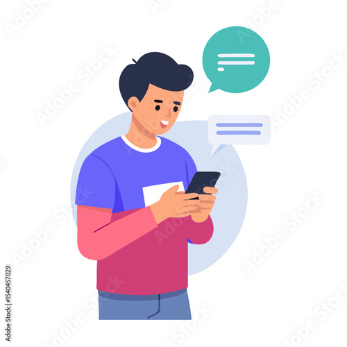 Young man using smartphone messaging app clean cutout illustration