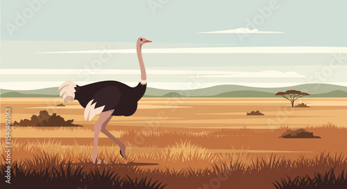 Ostrich Walking in the Savannah Landscape Illustration for Microstock